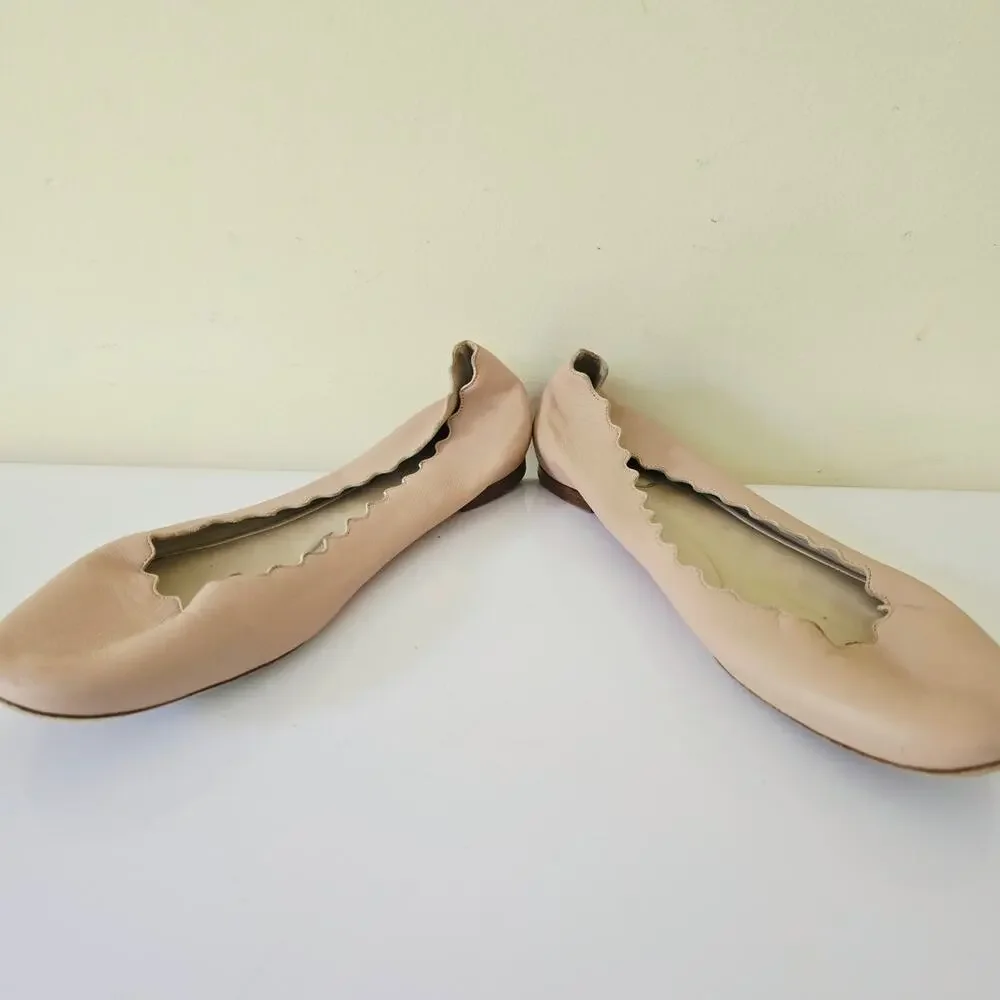 Chloe Lauren Scalloped Leather Ballerina Flats Tan Cream 41 US 10.5